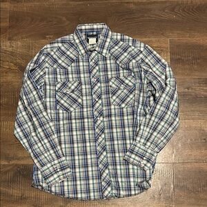 Wrangler Blue and Green Plaid Button-Down Shirt